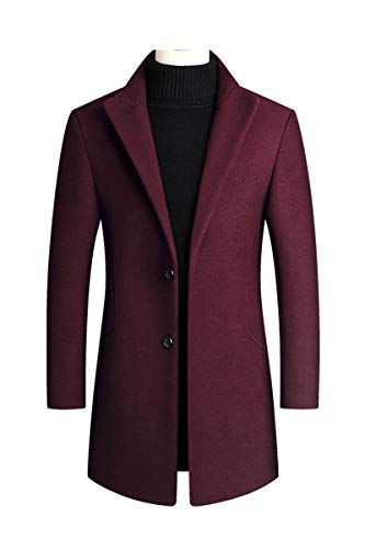 Men's Thicken Fleeced Casual Wool Blend Single Breasted Business Pea Coat Slim Fit Winter Trench Coats Solid Top Outerwear, 01red, Medium