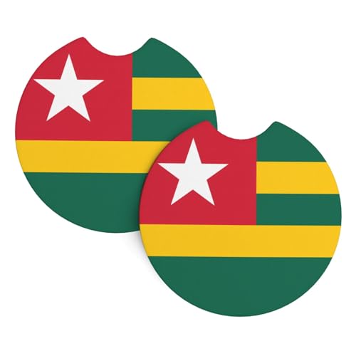YYHWHJDE Lot de 2 sous-verres de voiture motif drapeau du Togo – Durable et imperméable pour la protection et la décoration intérieure de la voiture