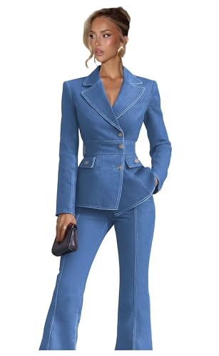 kangsitp Petite Medium Blue Suits for Women 2 Piece Denim Womens Suits Business Flared Pants Suit Waist Cinching Tuxedo for Leisure Date Size Small