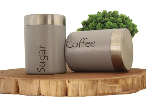 Image of Tea and Sugar Container Set of 2 - Steel Storage Jars (Coffee, Gray)