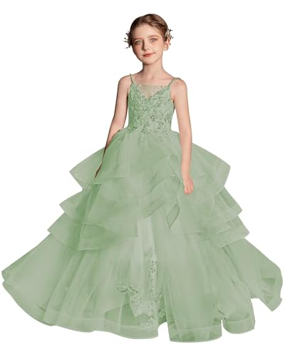 Tulle Flower Girl Dress for Wedding Lace Appliques Ball Gown Pageant Dress with Floor Length