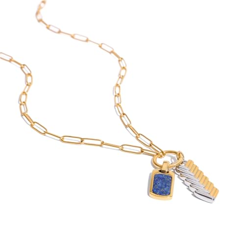 Collier pendentif pierre naturelle et acier bicolore pour femme