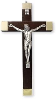 20cm Walnut Wood Crucifix Cross Wall Hanging Silver Jesus 10598
