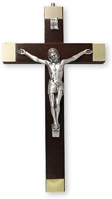 20cm Walnut Wood Crucifix Cross Wall Hanging Silver Jesus 10598