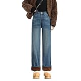 Women's Winter Fleece Denim Jeans High Waist Straight Leg Loose Fit Vintage Style Warm Trousers