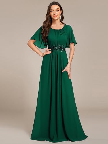 Image of Ever-Pretty Women's Classic Round Neck Pleated Short Sleeves Chiffon Appliques Floor Length A Line Formal Evening Dresses