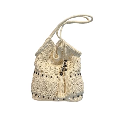 Womens Handwoven Beach Shoulder Bag Summer Mesh Knit Casual Tote Bag with Tassel Beads