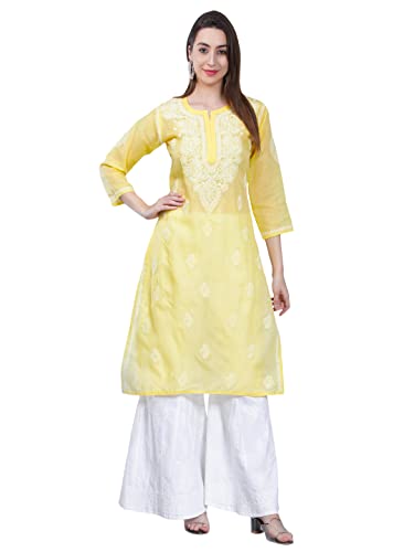 Image of Seva Chikan Hand Embroidered Lucknowi Chikankari Cotton Kurta Kurti for Women SCL4302