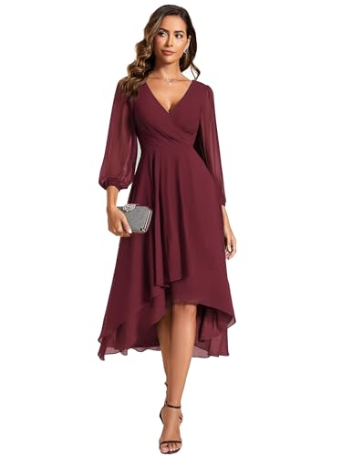 Ever-Pretty Women's Chiffon V Neck Long Sleeves A-Line Midi Length Wedding Guest Dress Cocktail Party Formal Dresses Burgundy US12