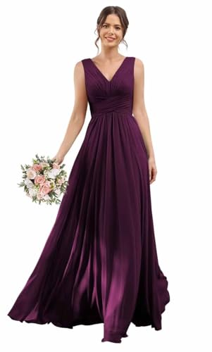YOFF Women's Double V-Neck Bridesmaid Drsses with Slit Long Pleated Chiffon Evening Party Gowns YO077