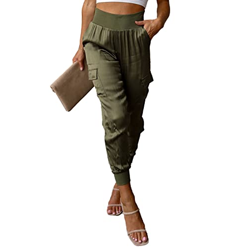 Pantalón Deportivo de Raso para Mujer. Pantalones Tobilleros de Satén Cónicos con Bolsillos Relajados con Solapa para Uso Doméstico de Mujer. (L)
