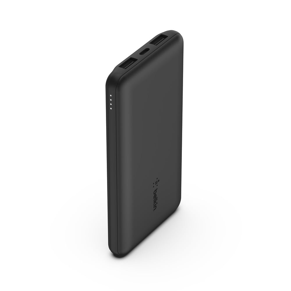 Belkin 10000mAh portable power bank, 10K USB-C portable charger with 1 USB-C port and 2 USB-A ports, battery pack for up to 15W charging for iPhone, Samsung Galaxy, AirPods, iPad, and more – Black