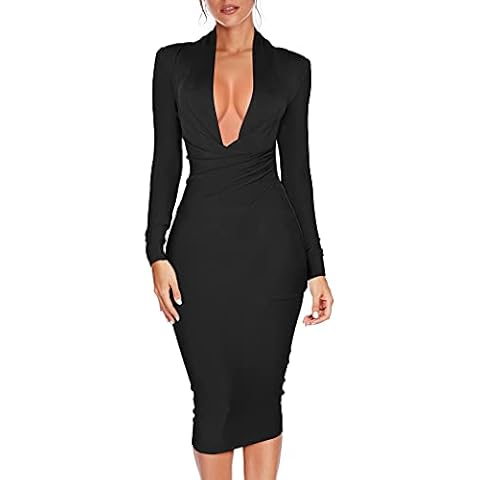 Sexy V-Neck Bandage Dress with Long Sleeves Midi Celebration Dresses for Women, Black, Medium Cover