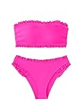 MakeMeChic Women's 2 Piece Bandeau Swimsuit Floral Ruffle Smocked Strapless High Cut Bikini Set Bathing Suit Hot Pink Tie Back S