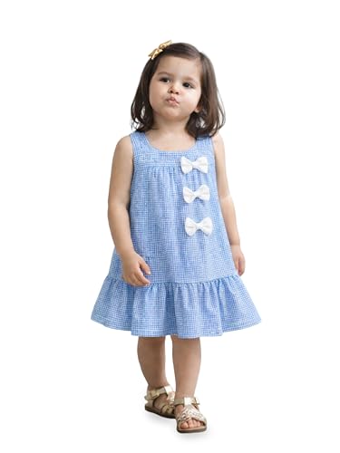 Image of Kidbea Girls Blue Cotton Checked Sleeveless A-Line Dress with White Bow Applique, Soft & Breathable Summer Frock for Toddlers and Kids, Casual & Trendy Outfit