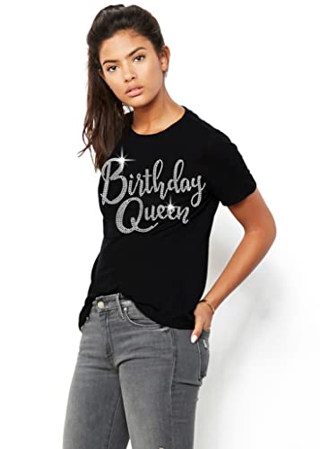 Birthday Tees For Women - Rhinestone Girly Birthday Queen T-Shirt - Birthday Party Shirts - X-Large - Black Tee(Queen Rs) Blk/Xl #TOP5