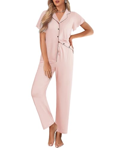 Ekouaer Pajamas for Women Set Button Up Sleepwear Cute Pjs Ruffle Sleeve Notch Collar Lounge Sets with Long Pants Light Pink L