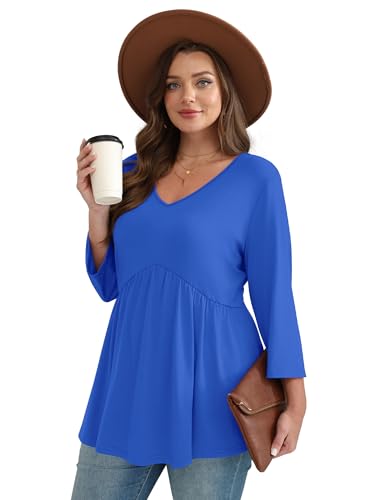 Image of OFEEFAN 3 /4 Length Sleeve Womens Tops 2026 Blouses for Women Dressy Casual Fashion Clothing V Neck Babydoll Tops Fall Outfits