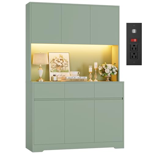 Finetones tall green kitchen pantry cabinet with storage and power outlets
