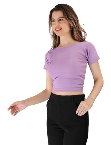 Image of Brown Solid Ribbed Slim Fit Crop Top for Women's & Girls