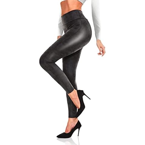 CAMPSNAIL Faux Leather Leggings for Women - High Waisted Tummy Control Pleather Pants for Disco Outfits, Black, Large Cover