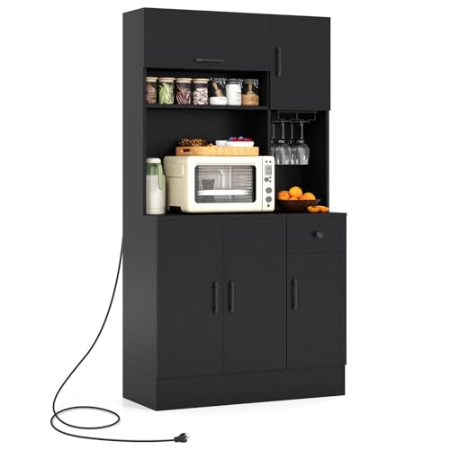 Giantex 167cm Tall Pantry Cabinet w/Hutch & Power Outlets, Kitchen Storage Cabinet with Stemware Rack, Drawer, Adjustable Shelves, Microwave Cabinet for Dining Room (Black)