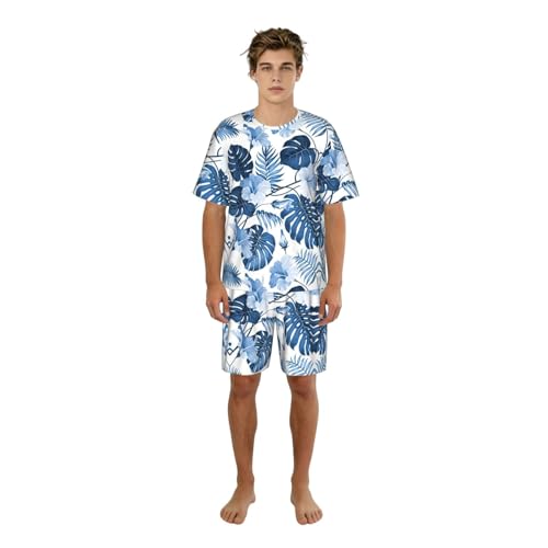 Pyjama d'été homme haut de gamme à fleurs bleues et col rond