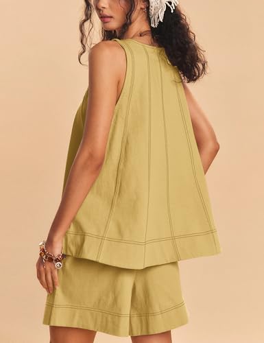 Image of Women 2 Piece Outfits Flowy Sleeveless Tunic Tops Loose Shorts with Pockets Tracksuit Summer Lounge Matching Set 2025