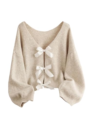 GORGLITTER Women's Plus Size Bow Cardigan Sweaters Tie Front Fall Trendy Cute Long Sleeve Knit Tops