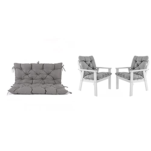 Ambientehome Coussin de banc de jardin HANKO avec dossier haut, 2 places, env. 100 x 98 x 8 cm, gris crail, 100x98 x 8 cm & Lot de 2 coussins rembourrés pour mobilier de jardin,env. 50x 98x8 cm, grise