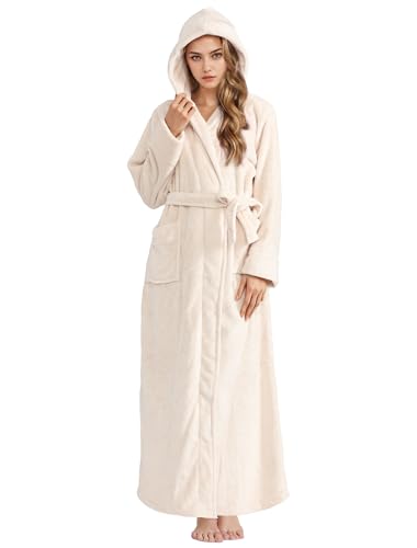 Image of Hellomamma Long Hooded Robe for Women Luxurious Flannel Fleece Full Length Bathrobe Winter Warm Pajamas Shower Nightgown
