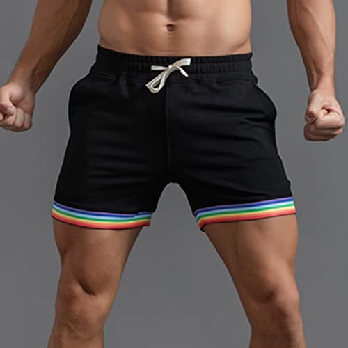 Mens Summer Solid Color Rainbow Pants Pocket Drawstring Loose Casual Sports Running Straight Shorts Basketball Shorts #TOP3