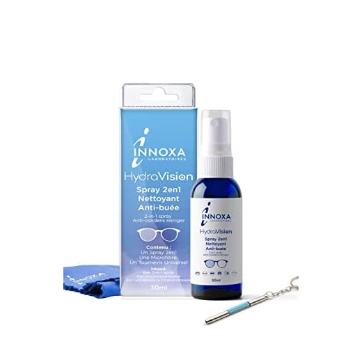 INNOXA - Spray 2en1 nettoyant + anti-buée lunettes et surfaces optiques 30 ml – Inclus chiffon de nettoyage + tournevis lunettes universel - Protection longue durée et Nettoyage des verres