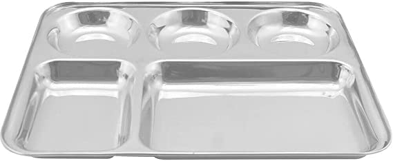 TRTO 5 Compartment Stainless Steel Tray Mess Indian thali Dinner Plate Dish Useful for Kitchen (33 x 26cm)