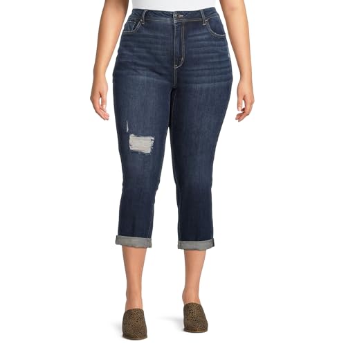Terra & Sky Dark Wash Plus Size Slim Distressed Boyfriend Capri Jeans