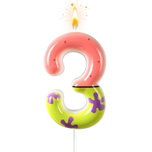 NHJINX 3th Birthday Cake Decoration, Playful Green and Pink with Purple Printed Number 3 Birthday Candle, Suitable for Ocean Cartoon Theme Party Supplies and Celebration Decorations(Pink 3)