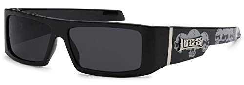 Locs Black SKULL Sunglasses | Rectangular Biker Shades - Wrap Around, UV Protected