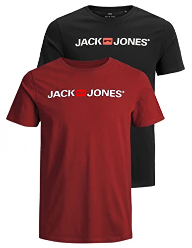 JACK & JONES Lot de 2 t-Shirts pour Homme, Lot de 2 (1 Dahlia Rouge, 1 Noir), M