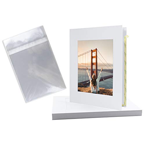 Golden State Art, 10 Pack Self Assemble Acid Free Cardboard Paper Frames Photo Mat with Backing Board pre-gummed for Artworks, Prints, Photos, Includes Clear Bags (White, 11x14 Mat for 8x10 Picture)