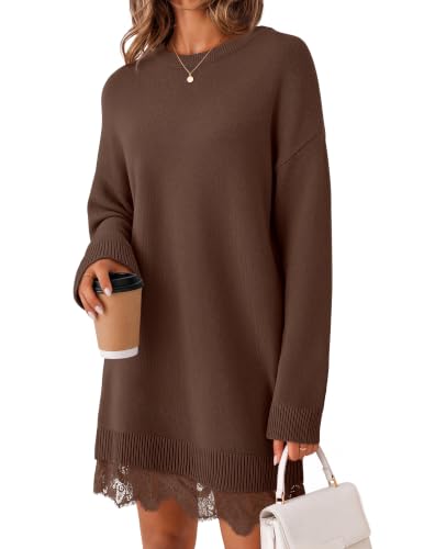 MEROKEETY Women's Fall Long Sleeve Lace Oversized Sweater Dress, Coffee, S