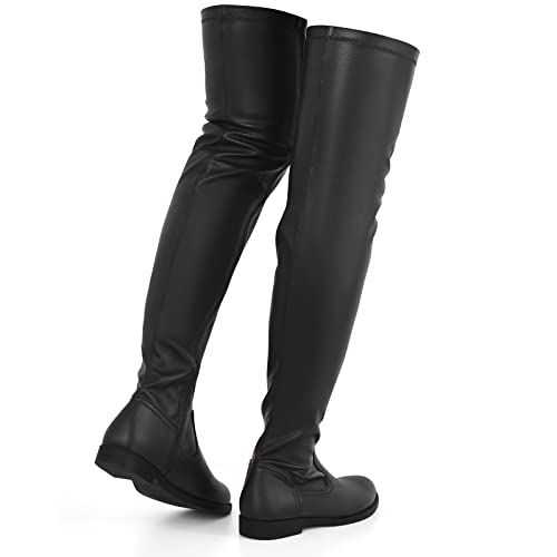 Tinstree Knee High Black Boots For Women,Ladies Over The Knee Low Block Heel Boots Fashion Comfy Vegan Leather Square Toe Boots Stretchy Thigh High Flat Heel Booties With Side Zipper Black,06 #TOP3