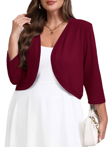 AusLook Plus Size Women Bolero Shrugs 3/4 Sleeve Burgundy 2X Open Front Knit Lightweight Coat Cropped Tops Shawls and Wraps Cardigan Dressy Sweater Clothes