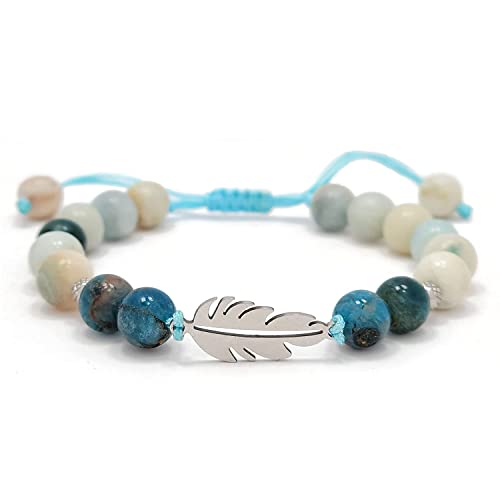 Amazonite and Apatite Bracelet For Women with Feather charm, Natural Handmade Bracelet, Blue Bracelet, White Bracelet, Calming Bracelet, Energy Healing Bracelet, Gift for Her, Bracelet for Women