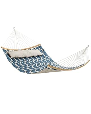 SONGMICS Quilted Hammock with Curved Bamboo Spreaders, Pillow, 78.7 x 55.1 Inches, Holds up to 495 lb, Blue and Beige Rhombus UGDC034I02