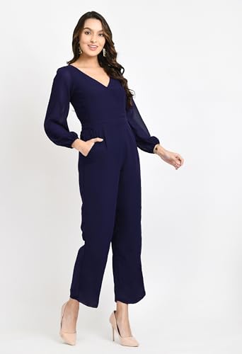 Image of V&M Women's Black V-Neck Jumpsuit | Full Sleeve Straight-Leg One-Piece with Side Pockets | Elegant Western for Office, Party & Evening Outfits