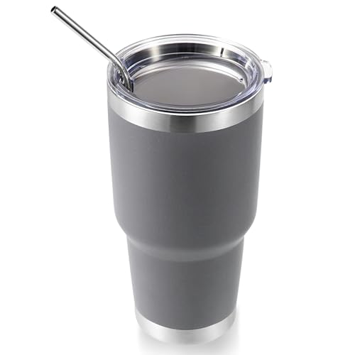 Volhoply 30oz Insulated Tumbler with Lid and Straw, Double Wall Inner & Outer 304 Stainless Steel Coffee Cup, Travel Mug Reusable Thermal Cup for Cold & Hot Drinks (Gray,1 Pack)
