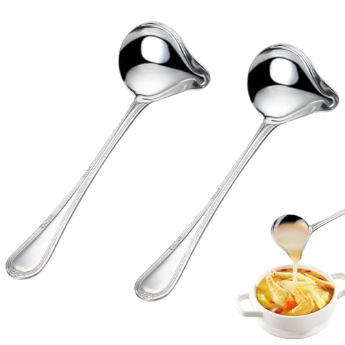 2 Stück Saucenkelle mit Ausgießer, Soßenlöffel mit Ausgießer Länge 20cm, Spiegelglänzend Edelstahlsauce Nieselregenlöffel, Elegant Silber Soßenkelle, Saucenlöffel für Dressings Suppensoßen Bratensoßen
