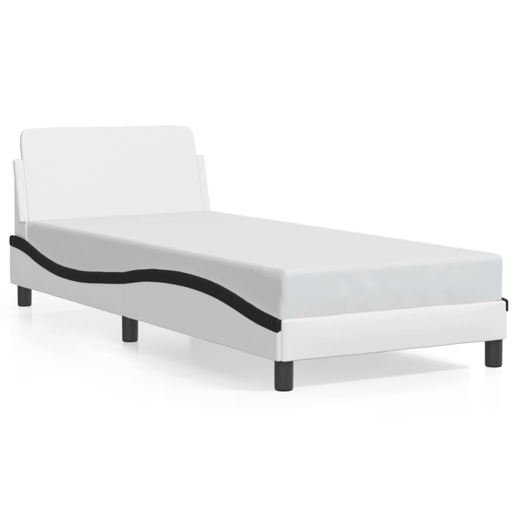 Bettgestell Dover, 90x200 cm, Kunstleder Weiß Schwarz, Wellenform, stabil, modernes Schlafzimmer Möbel, Platform Bettrahmen mit Kopfteil