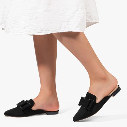 Image of MUSSHOE Mules for Women with Bow Knot: Pointed Toe Flats - Cloud-Cushion Suede Backless Loafers for Office & Casual Wear - Wide-Fit Friendly Slip On Slides with Memory Foam