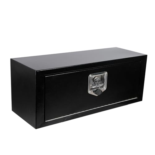 PRFFWK 27 Inch Painted Underbody Truck Tool Box Steel Storage Tool Box For Truck Under Bed Pickup RV Trailer,Waterproof Black Steel Box with Lock and Keys-27 x 10 x 10 inch